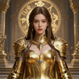 professional digital art of a hyper realistic and highly detailed beautiful woman in a beautiful complex and sexy golden armor. girl's face is hyper realistic, symetric, and highly detailed. background is an ancient temple, knights of zodiac style. greg rutkowski, zabrocki, karlkka, jayison devadas, intricate, trending on artstation, 8 k, unreal engine 5