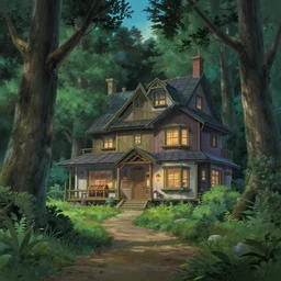 beautiful house on a forest path, beautiful ancient trees, hiding large treasure chest, serene evening atmosphere, soft lens, soft light, cel - shading, animation, in the style of cgsociety, deviantart, artstation, zbrush, cinema 4 d, studio ghibli, akihiko yoshida, atelier lulua, james jean, masamune shirow