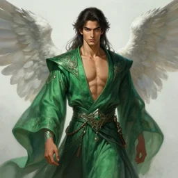 photo portrait of avan jogia as an angel wizard, dark hair, flowing green robes, slender, handsome, upper body, muscular, fantasy, intricate, elegant, highly detailed, digital painting, artstation, concept art, smooth, sharp focus, illustration, art by gaston bussiere and greg rutkowski