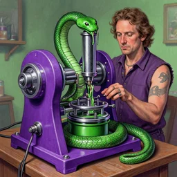 a machine for making snake oil, purple and green, art by glenn fabry and ed roth, fine detail, 8 k, snake machine