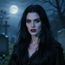 riveting charismatic brunette female vampire, portrait, at highgate cemetery, atmospheric lighting, painted, intricate, mist, cold, volumetric lighting, beautiful, blue tint, moon light, sharp focus, ultra detailed, by leesha hannigan, ross tran, thierry doizon, kai carpenter, ignacio fernandez rios