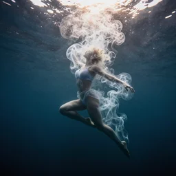 manshaped swirling smoke dancing underwater, octane render, caustics lighting from sunlight above, cinematic