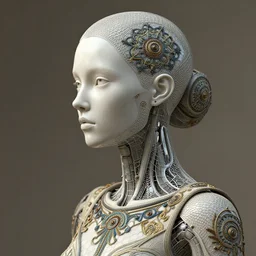 3 d render, biomechanical beautiful young female cyborg with a porcelain profile face, analog, hexagonal mesh fine wire, alexander mcqueen, art nouveau fashion embroidered, steampunk, mandelbrot fractal, picture taken in 1 9 3 0
