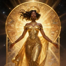 experienced black african princess, warm volumetric lighting, cosmic, symmetric, highly detailed, elegant, concept art, heavenly, god rays, intricate, sharp focus, illustration, alexandros pyromallis, bouguereau, rutkowski, artgerm, alphonse mucha