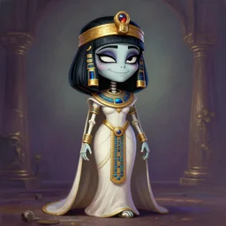 cute & beautiful smug smiling undead skeleton girl with very attractive face and black hair dressed as a cleopatra, elegant, digital art, fullbody painting, fantasy, pixar style, painting, pin up, highly detailed, artstation, art by artgerm, vrubel, greg rutkowski, ilya kuvshinov, raymond swanland