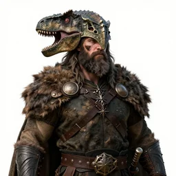 berserker, wild ancient Irish, man with messy beard, wild hair, dinosaur skin cloak, dinosaur mask, dirt on face, dinosaur tattoo on face, wild look in his eyes, white background, highly detailed illustration, character design, art station, award winning