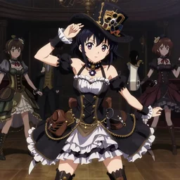 anime visual, full body portrait of women like reol masquerade party in ballroom steampunk dress choker and cute hat, cute face by ilya kuvshinov, yoshinari yoh, katsura, moody, dynamic perspective pose, detailed facial features, kyoani, rounded eyes, crisp and sharp, cel shade