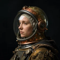 a woman's face in profile, wearing a glass space helmet with copper controls and a cloak, in the style of the dutch masters and gregory crewdson, dark and moody