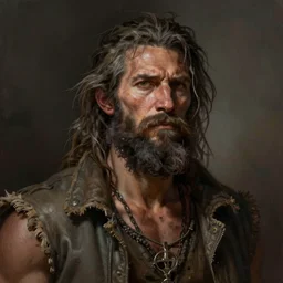 painted portrait of rugged homeless hobo man by ruan jia greg rutkowski, unkempt beard and hair, clear face muscular masculine manly mature powerful sensual handsome hobo homeless fantasy intricate elegant detailed digital painting concept art artstation sharp focus illustration