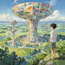 A beautiful landscape painting of utopian future by Alfons Maria Mucha and Yoshitaka Amano and Makoto Shinkai