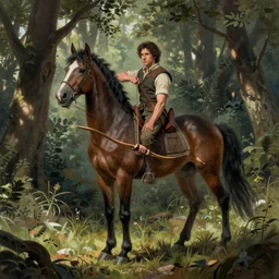 A centaur resembling Adam Driver, with a bow and arrow, in a wooded clearing, Alan Lee illustration