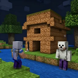 minecraft steve building dirt block house next to river at night, minecraft skeleton smoking next to him, 1 0 mm lens, highly detailed 4 k clear