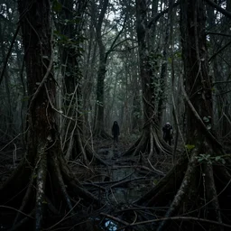 A dark, dreary swamp, with rotting trees and vines, and creatures lurking in the shadows.