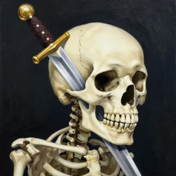 A painting of a skeleton with a sword inside the skull by Pendleton Ward