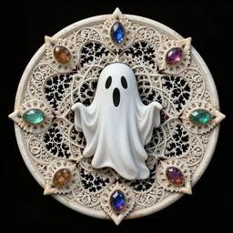 fractal mandala very funny nendroid woman ghost color an ancient white bone and gemstone relic, intricate engraving matt groening art style