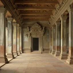 1 9 th century historical painting representing interior of the royal hall of khmer empire, throne, servers, cables, high quality, hermitage museum catalog