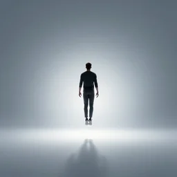 wide shot of athletic man, floating toward an incredible light, silhouette, long shot, in a cosmic nebula background, thought provoking, matte colors, very very very dramatic lighting, inspiring digital art trending on artstation