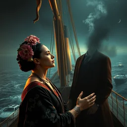 epic masterpiece of cinematographic hyperrealism where frida kahlo on the titanic with jack. realistic shaded lighting poster by craig mallismo, artgerm, jeremy lipkin and michael garmash, unreal engine, radiant light, detailed and intricate environment, digital art, art station trends