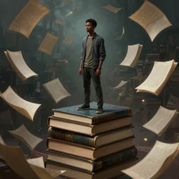 young urban black man standing on a stack of giant books, swirling books and written pages, beautiful digital painting, concept art, mysterious and magical, highly detailed, octane render, 8 k, unreal engine. art by artgerm greg rutkowski charlie bowater alphonse mucha