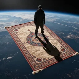 Floating Rug in space with terrorist standing atop of it