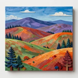 rolling hills, appalachian folk art, mixed media, 3 d, detailed, award winning, blue, purple, red, orange, green