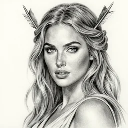 pencil drawing of beautiful megan fox as greek goddess aphrodite, archer, arrow on the head, beautiful piercing eyes, flowing blonde hair, realistic face, hyper realistic, in the style of greg rutkowski, fantasy, amazing detail, epic, intricate, elegant, smooth, sharp focus