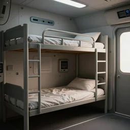 Room of a spacecraft, with a bunk bed, Dark and light mixture, Light light atmosphere, soft light, warm tones, lights, gloom and lights, warm tones, warm colors, photo realistic, playing, CGI, Unreal Engine, Hdri