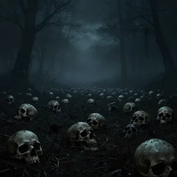 a field of skulls, dark, night, foggy, scary, eerie, digital art.