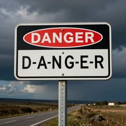 photo of a road sign that says DANGER in English, spelled correctly as D-A-N-G-E-R