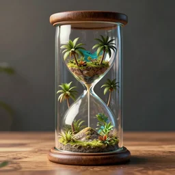 a tropical island inside a glass jar!! hourglass, standing on a wooden table, intricate, highly detailed, volumentric lighting, hyperrealistic, octane render 8 k, artstation, cgsociety, art by greg rutkowski, artgerm, wlop