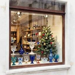 murano glass in a shop window in venice at christmas, watercolour style
