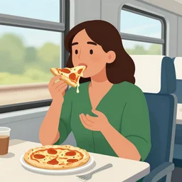 illustration of a 👩 eating 🍕 in a 🚄 by mandy jurgens