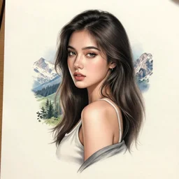 tattoo design sketch of a beautiful girl, on beautiful mountain scenery, hyper realistic