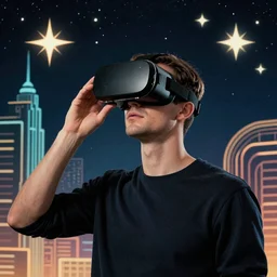man wearing virtual reality headset, stars, space, 1950s art deco, retrofuturism, edward hopper