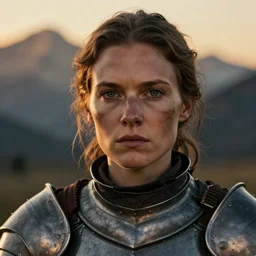 head and shoulders portrait of a female knight, worn armor, lightly dirty face, detailed face, photography by jimmy nelson, dramatic mountain background, golden hour, hq