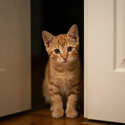 orange kitten looking through a door from a dark room