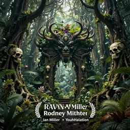 dense haunted forest on an exotic alien planet, jungle gates of antler trees, insectile plants, gnarled stumps and weed overgrowth, dark demon face, skull, skeletal, by ian miller, rodney matthews and artstation, hyperdetailed, photorealistic render