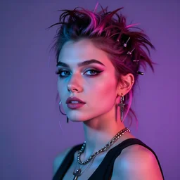 hyper realistic portrait of a punk girl, neon lighting, smooth background