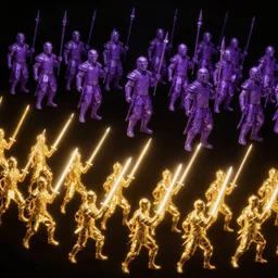 a thousand gold glowing soldiers with swords emitting light fighting a thousand purple soldeiers with spears floating in antigravity space, black background