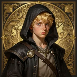 an epic fantasy comic book style portrait painting of a young blonde boy who is over confident, wearing plain thief clothes, d & d, fantasy, intricate, elegant, highly detailed, digital painting, artstation, concept art, matte, sharp focus, illustration, art by artgerm and greg rutkowski and alphonse mucha