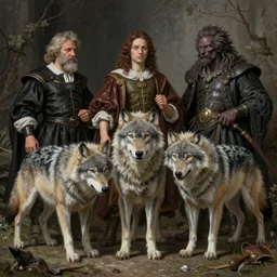wolves and their treasures. magical hyperrealism, octane render, highly detailed digital painting by david caspar friedrich and caravaggio and h. r. giger