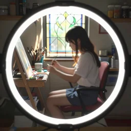 medium sensor, 88mm lense , depth of field, rim lights, anime, advanced digital art, motion blur, girl sitting in a room filled with art supplies, sun rays coming in through a glass stained window.