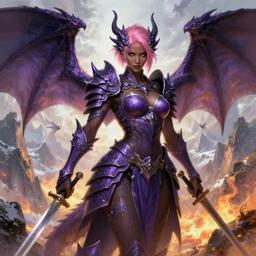 full portrait, solo character!, an alluring dragon hunter, female, intricate purple armor, f - cup, dragon themed, ornamental, sprouting wings, dark brown skin, short pink hair, swords, battle pose, a background composed of mountains and fire and snow and flying small creatures behind!!, boudoir!, epic, highly detailed, extremely detailed face!, high fantasy, digital painting, by artgerm and greg rutkowski and alphonse mucha, artstation