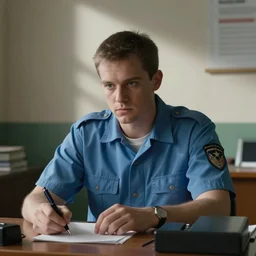 a cinematic painting of a male prison guard, sat at a desk, ultra realistic, dramatic, soft light, dreamy, facial features, detailed, deep focus, movie still, beautiful lighting, ray tracing, by annie leibovitz