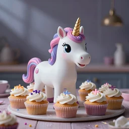 Photo of a happy unicorn baking cupcakes