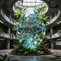 a beautiful hyperdetailed rendering of urbex parking garage nature by noah bradley, made of glass nature futuristic gem, archdaily, wallpaper, highly detailed, trending on artstation.
