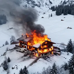 mansion in the snowy alps set on fire, zoomed out, shot from drone, iphone capture, fire