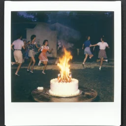 a 1950s Polaroid of a birthday cake on fire, people running away