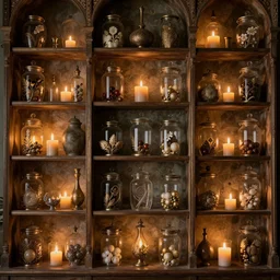 wall of jars and baubles, antique shelves, candlelight, exquisite, volumetric lighting, 8 k octane beautifully detailed render, post - processing, extremely hyper - detailed, intricate, epic composition, cinematic lighting, masterpiece, trending on artstation, stunning art by caravaggio, by bakshi, beautiful cinematic light