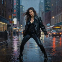 ultra realistic rainy night in the city of new york, oil on canvas, masterpiece, dramatic pose, beautiful lighting, sharp details, hyper - detailed, hd, hdr, 4 k, 8 k